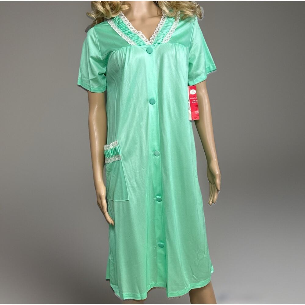 Vintage Green Satin Tricot Nightgown M Eiderlon Julie Girl NOS Lace Button Front